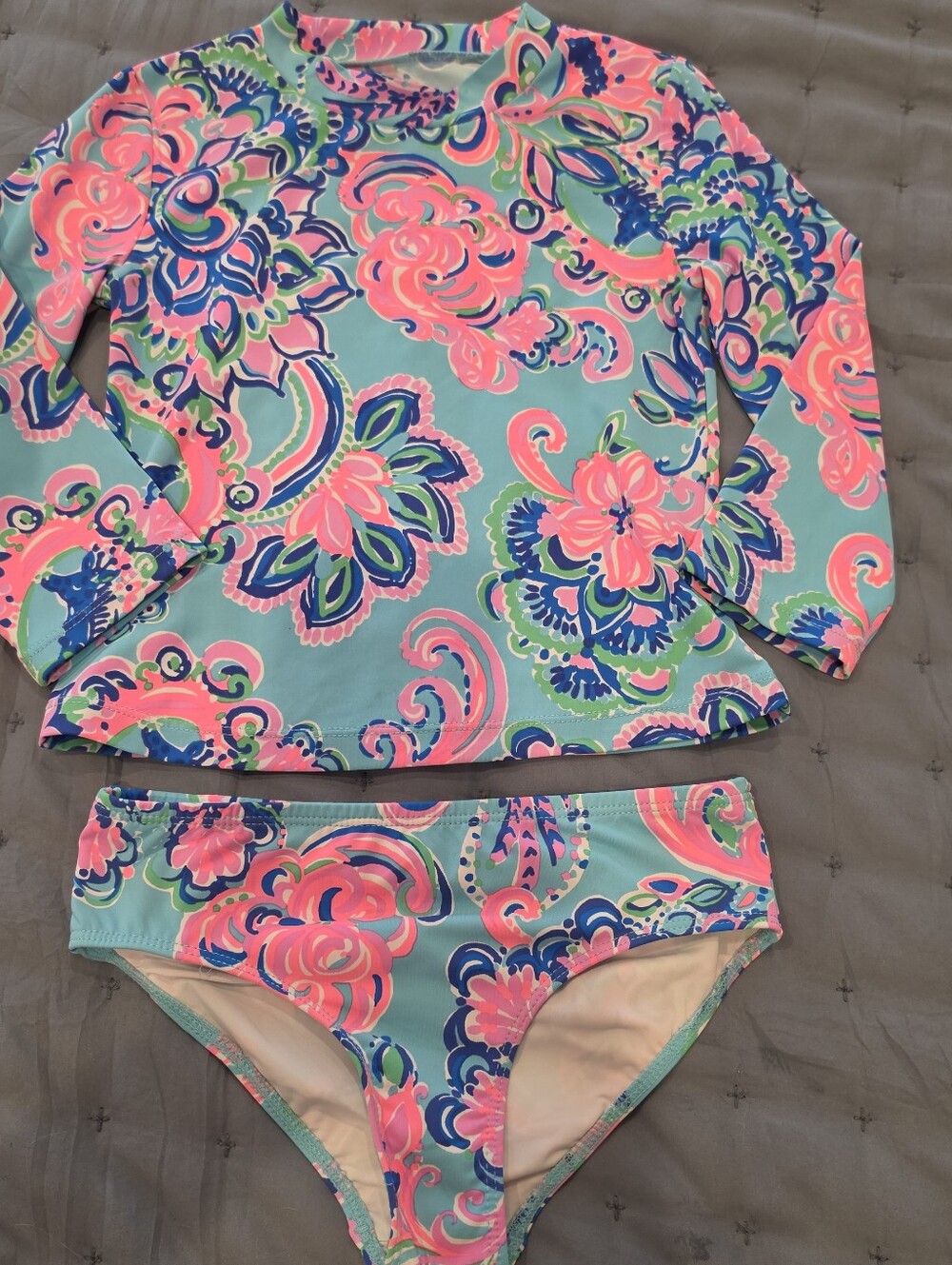 Lilly Pulitzer Girls Bobby Rashguard Set in the "Blue Horizon Jungle Sunrise"